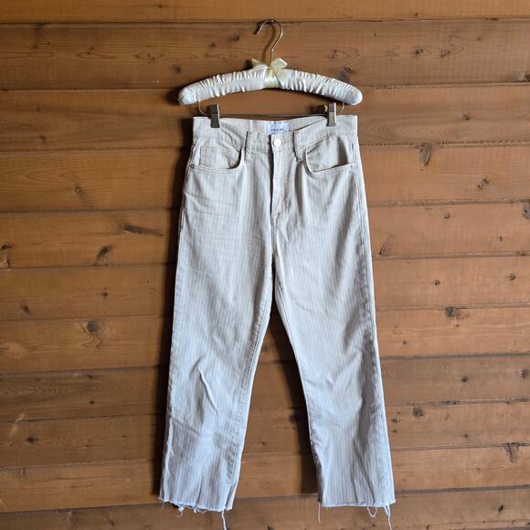 Frame Le Jane Crop Striped High Rise Straight Leg Jean Sand 27 Raw Cuff - Picture 2 of 5